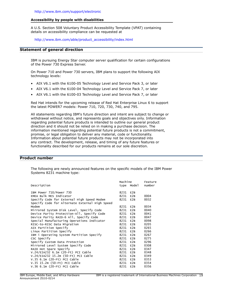 Statement of general direction, Product number | IBM POWER 730 User Manual | Page 19 / 45