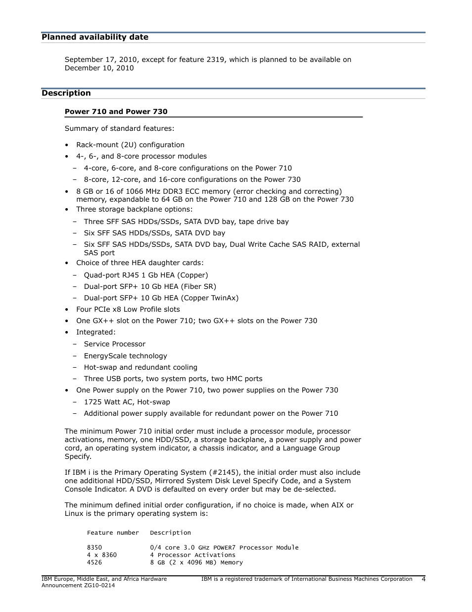 Planned availability date, Description | IBM POWER 730 User Manual | Page 4 / 45