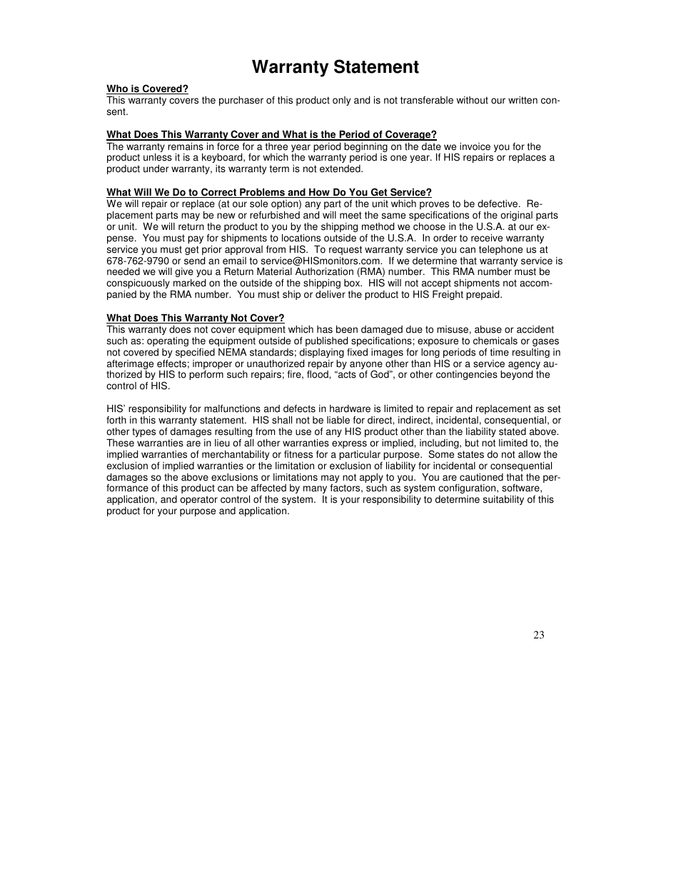 Warranty statement | IBM Rack Mount Industrial Monitor HIS-RL17 User Manual | Page 23 / 24