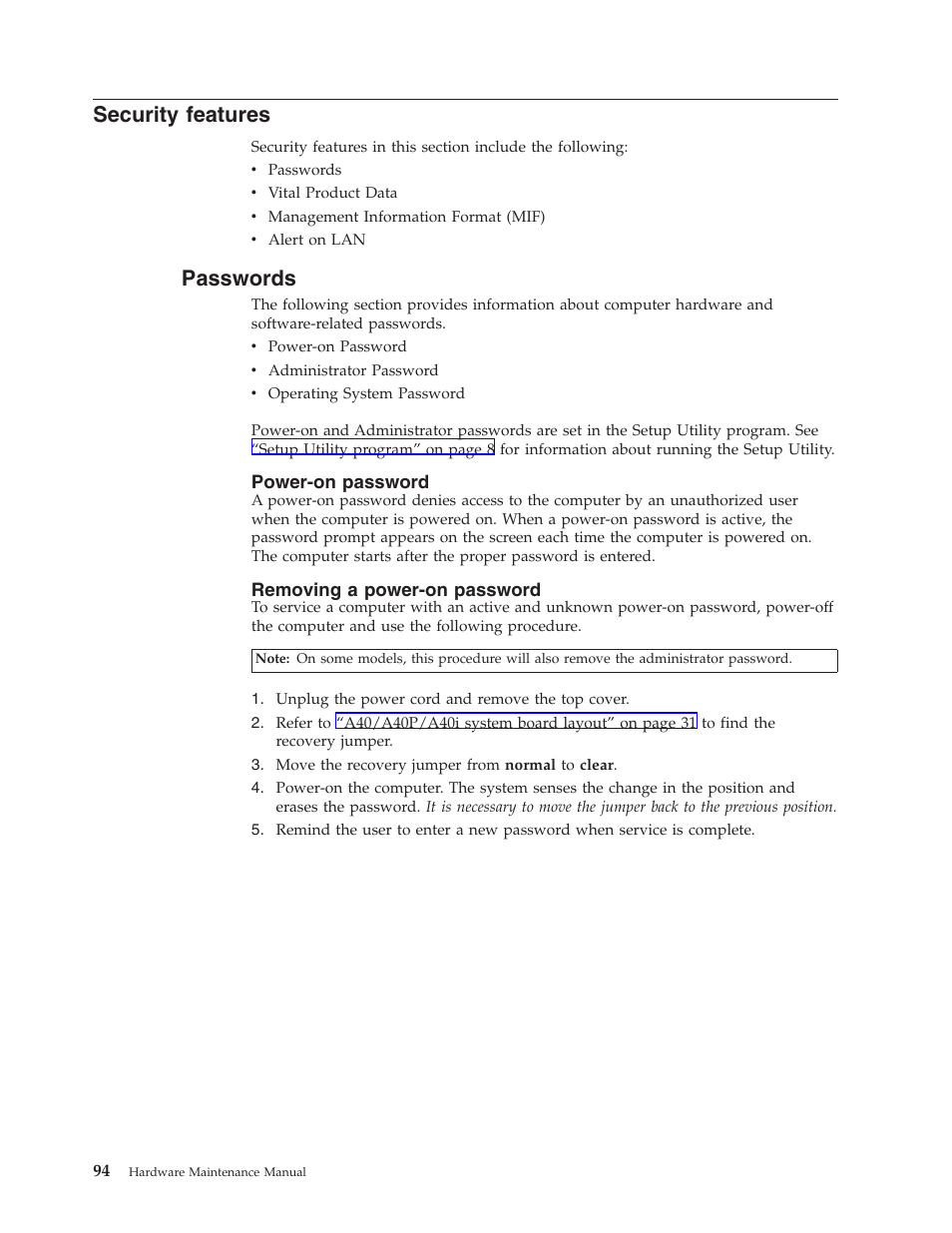 Security features, Passwords, Power-on password | Removing a power-on password | IBM NETVISTA 2251 User Manual | Page 102 / 152