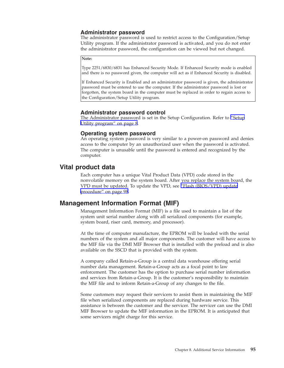 Administrator password, Administrator password control, Operating system password | Vital product data, Management information format (mif) | IBM NETVISTA 2251 User Manual | Page 103 / 152