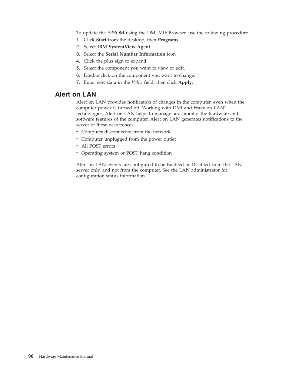Alert on lan | IBM NETVISTA 2251 User Manual | Page 104 / 152