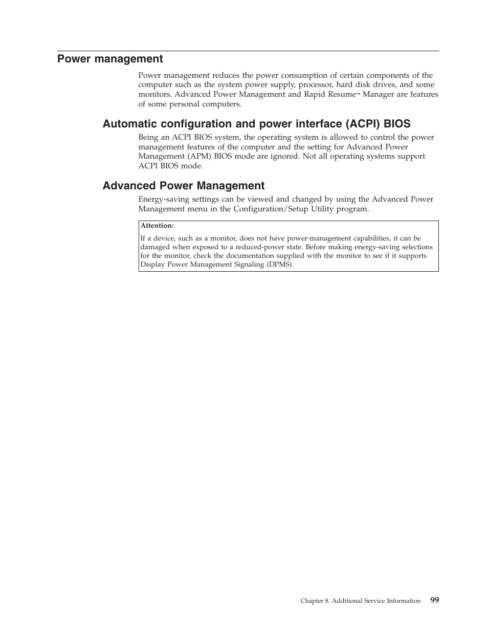 Power management, Advanced power management | IBM NETVISTA 2251 User Manual | Page 107 / 152