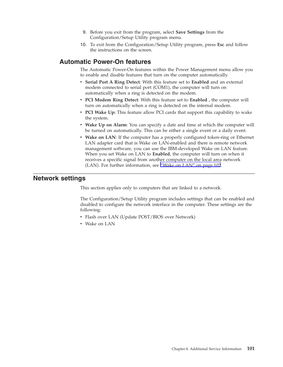 Automatic power-on features, Network settings | IBM NETVISTA 2251 User Manual | Page 109 / 152