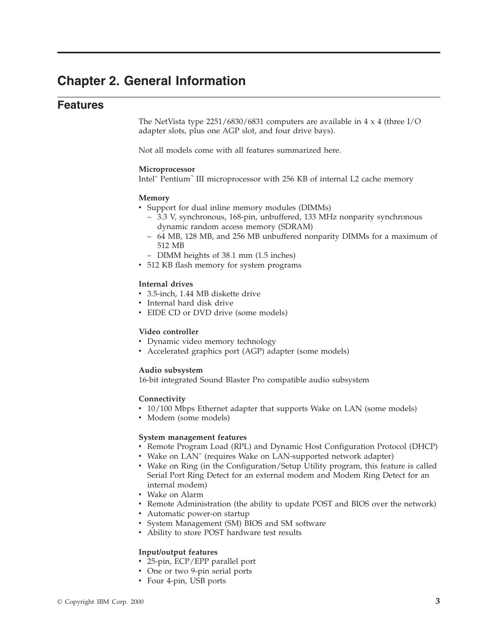 Chapter 2. general information, Features | IBM NETVISTA 2251 User Manual | Page 11 / 152