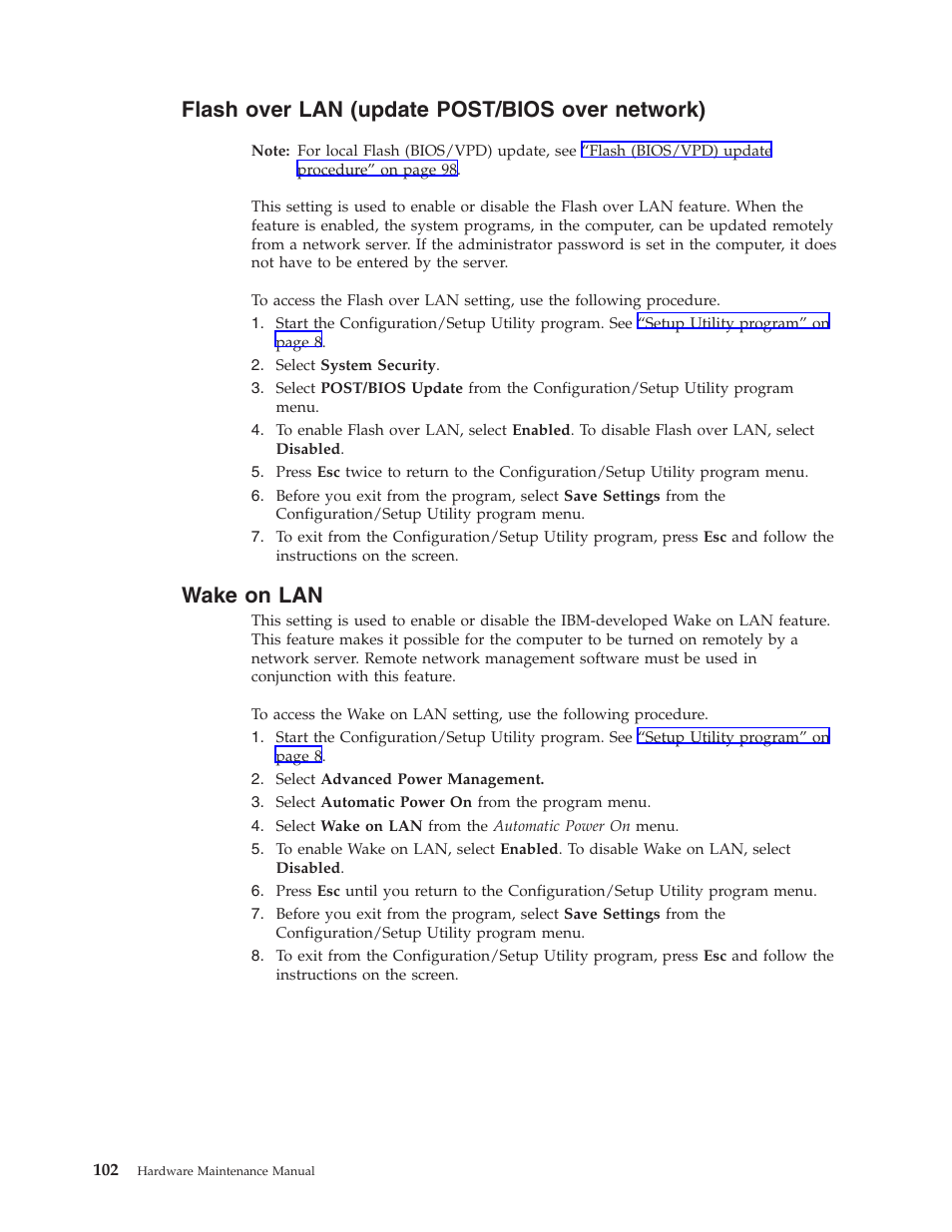 Flash over lan (update post/bios over network), Wake on lan | IBM NETVISTA 2251 User Manual | Page 110 / 152