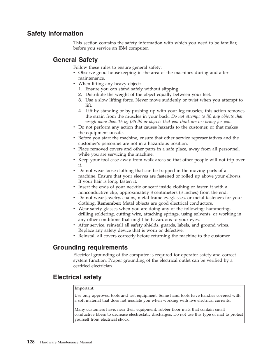 Safety information, General safety, Grounding requirements | Electrical safety | IBM NETVISTA 2251 User Manual | Page 136 / 152