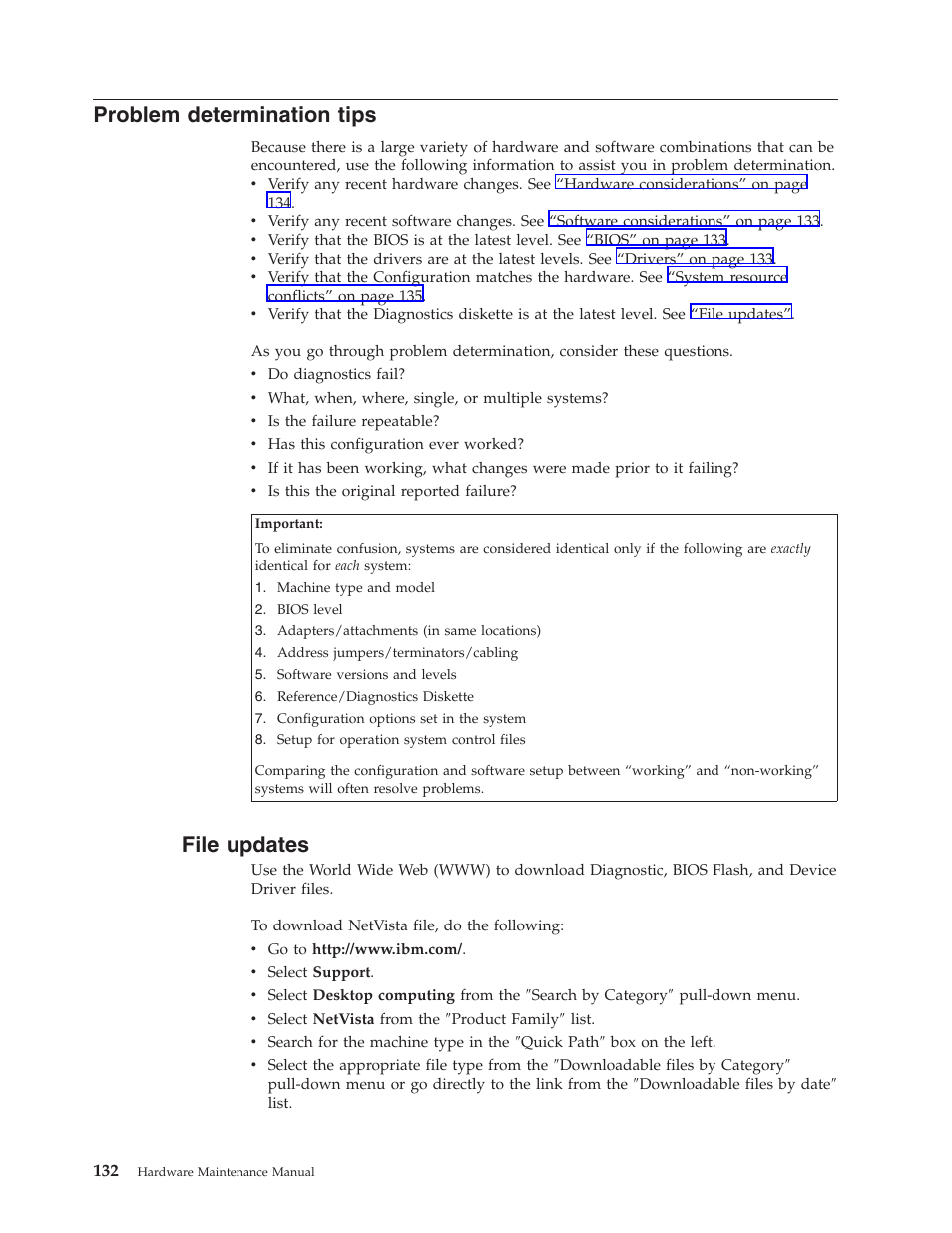 Problem determination tips, File updates | IBM NETVISTA 2251 User Manual | Page 140 / 152