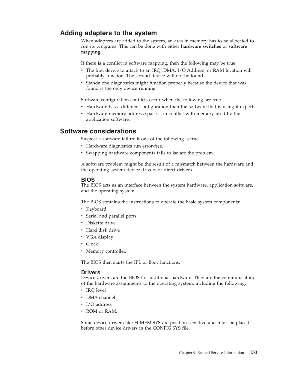 Adding adapters to the system, Software considerations, Bios | Drivers | IBM NETVISTA 2251 User Manual | Page 141 / 152