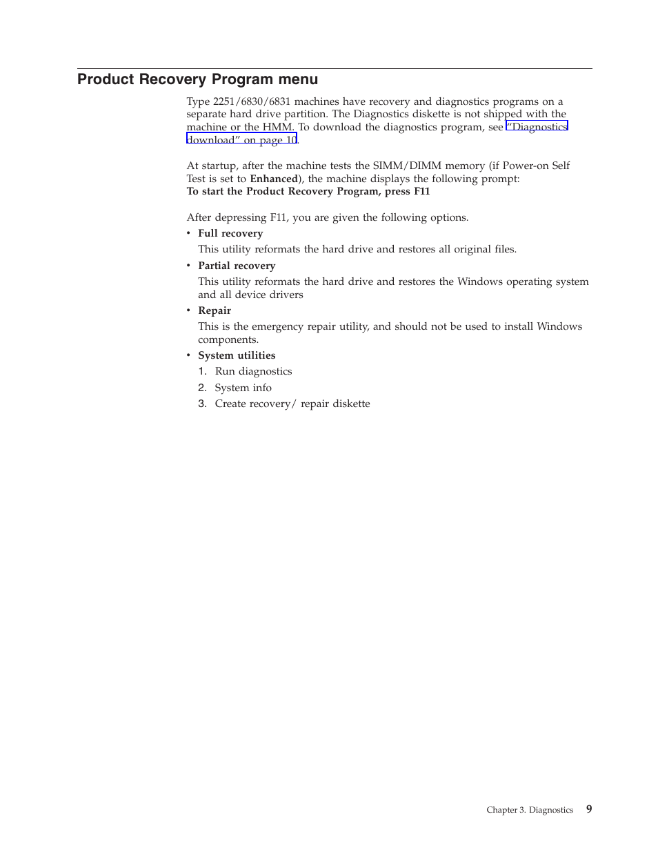 Product recovery program menu | IBM NETVISTA 2251 User Manual | Page 17 / 152