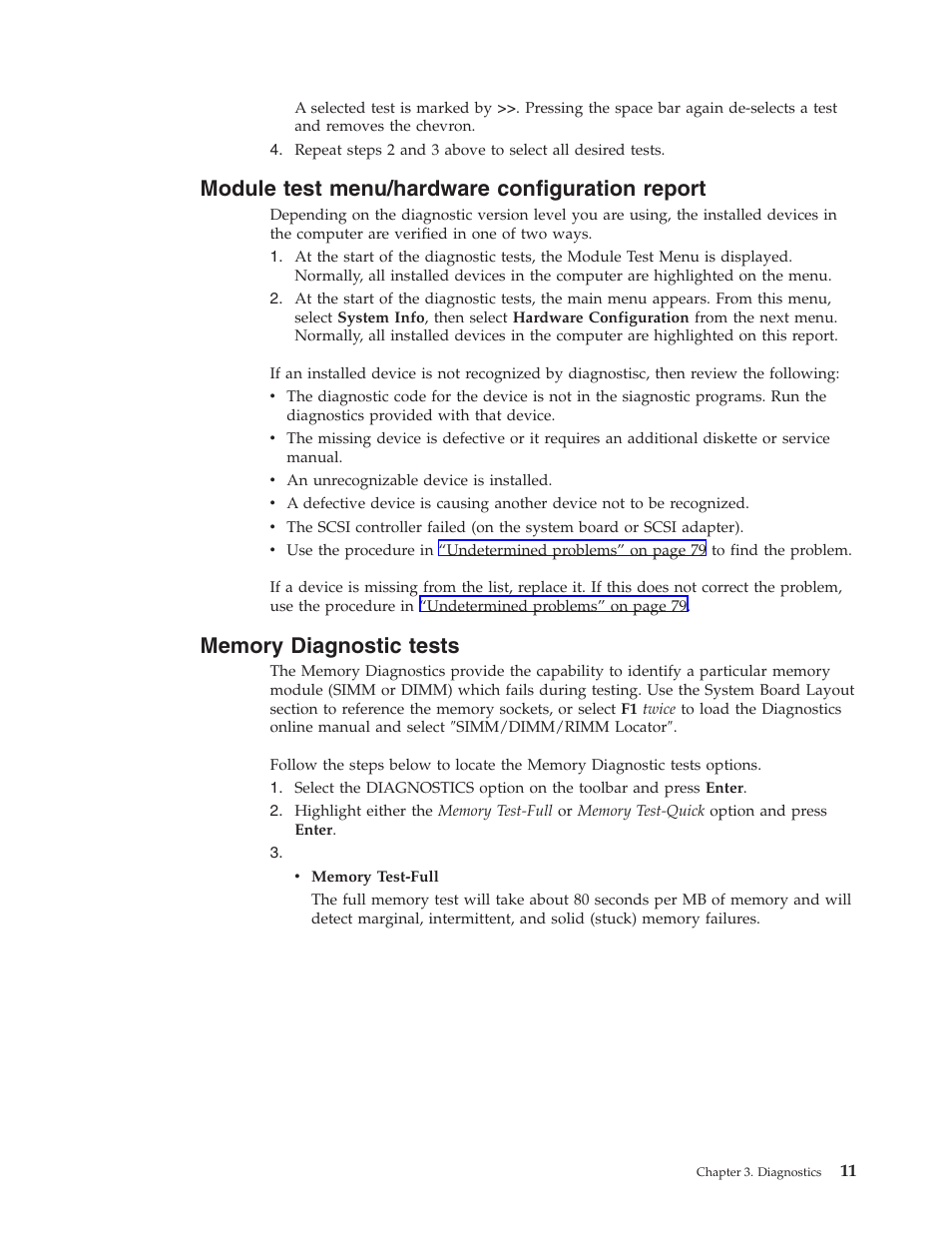 Module test menu/hardware configuration report, Memory diagnostic tests | IBM NETVISTA 2251 User Manual | Page 19 / 152