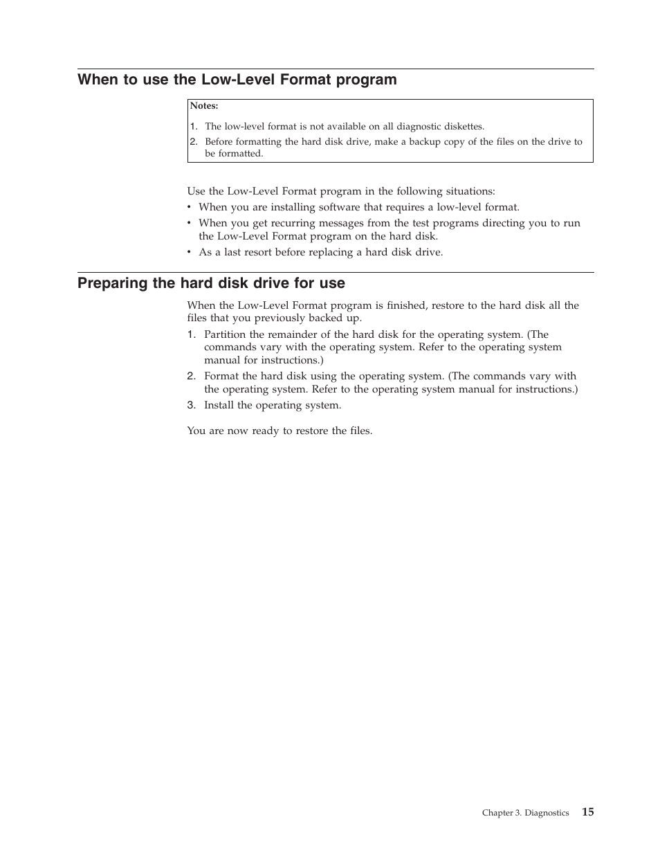 When to use the low-level format program, Preparing the hard disk drive for use | IBM NETVISTA 2251 User Manual | Page 23 / 152