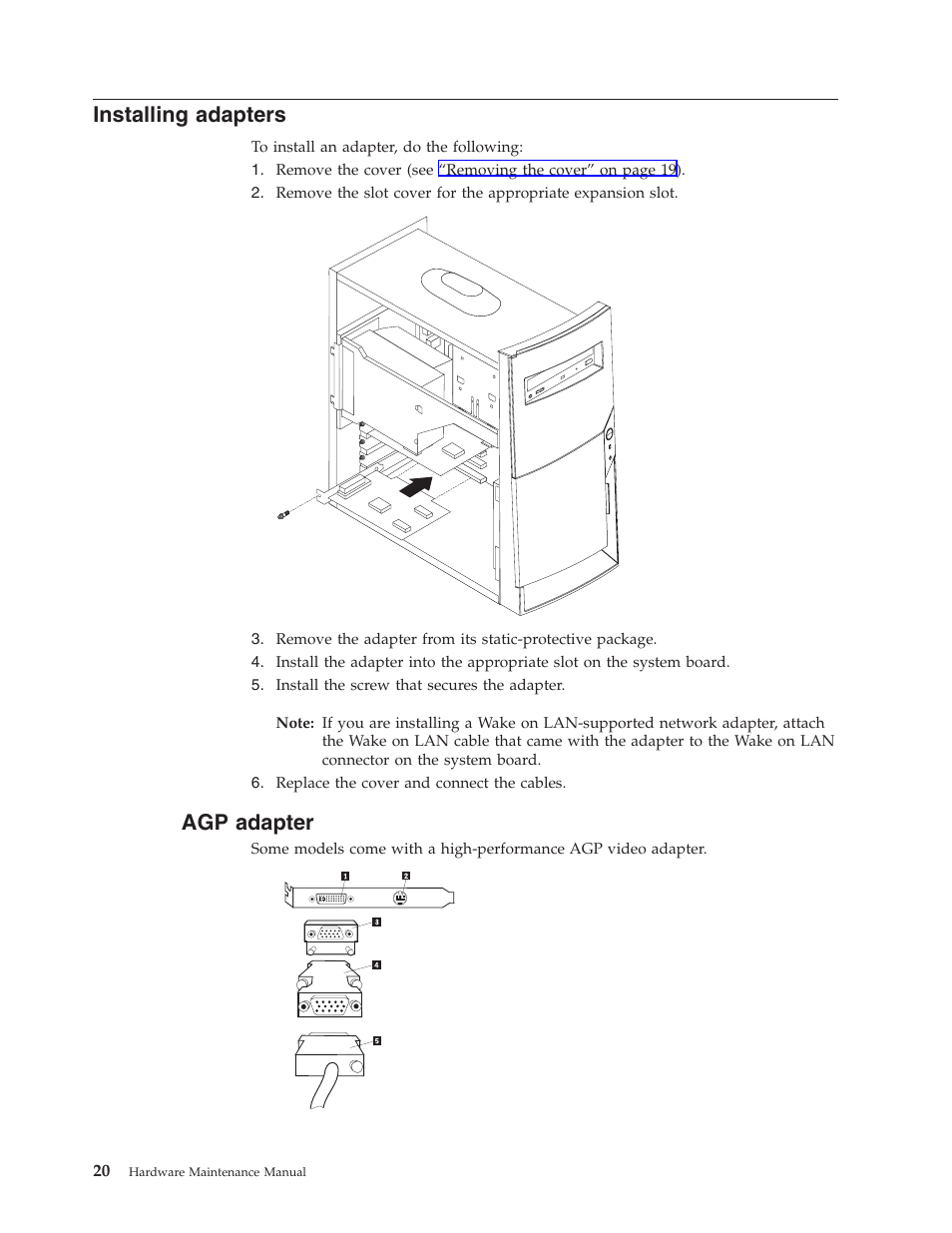 Installing adapters, Agp adapter | IBM NETVISTA 2251 User Manual | Page 28 / 152