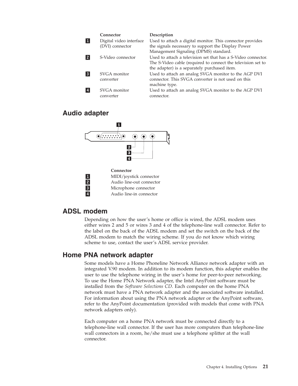 Audio adapter, Adsl modem, Home pna network adapter | IBM NETVISTA 2251 User Manual | Page 29 / 152