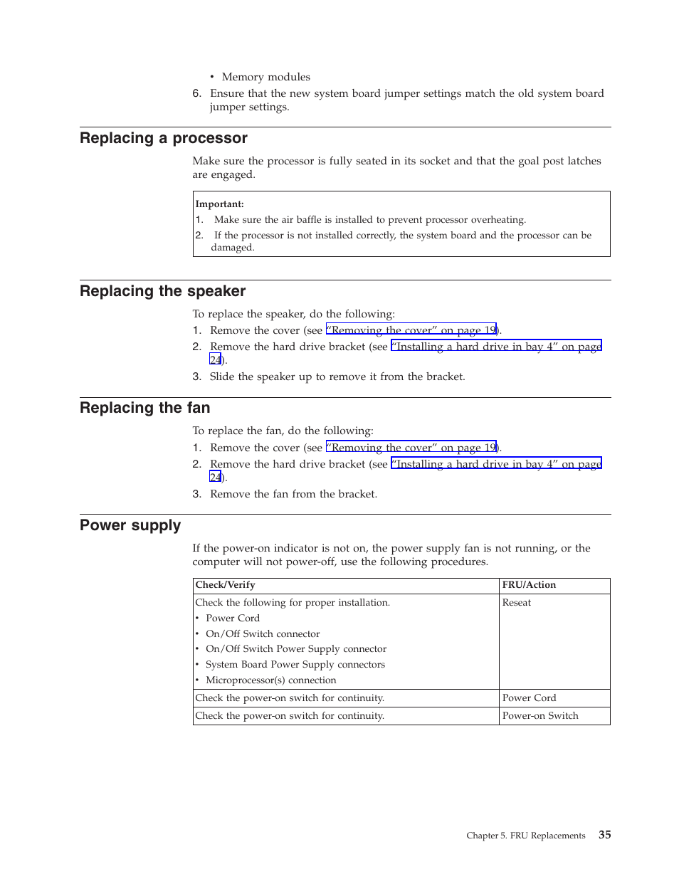 Replacing a processor, Replacing the speaker, Replacing the fan | Power supply | IBM NETVISTA 2251 User Manual | Page 43 / 152