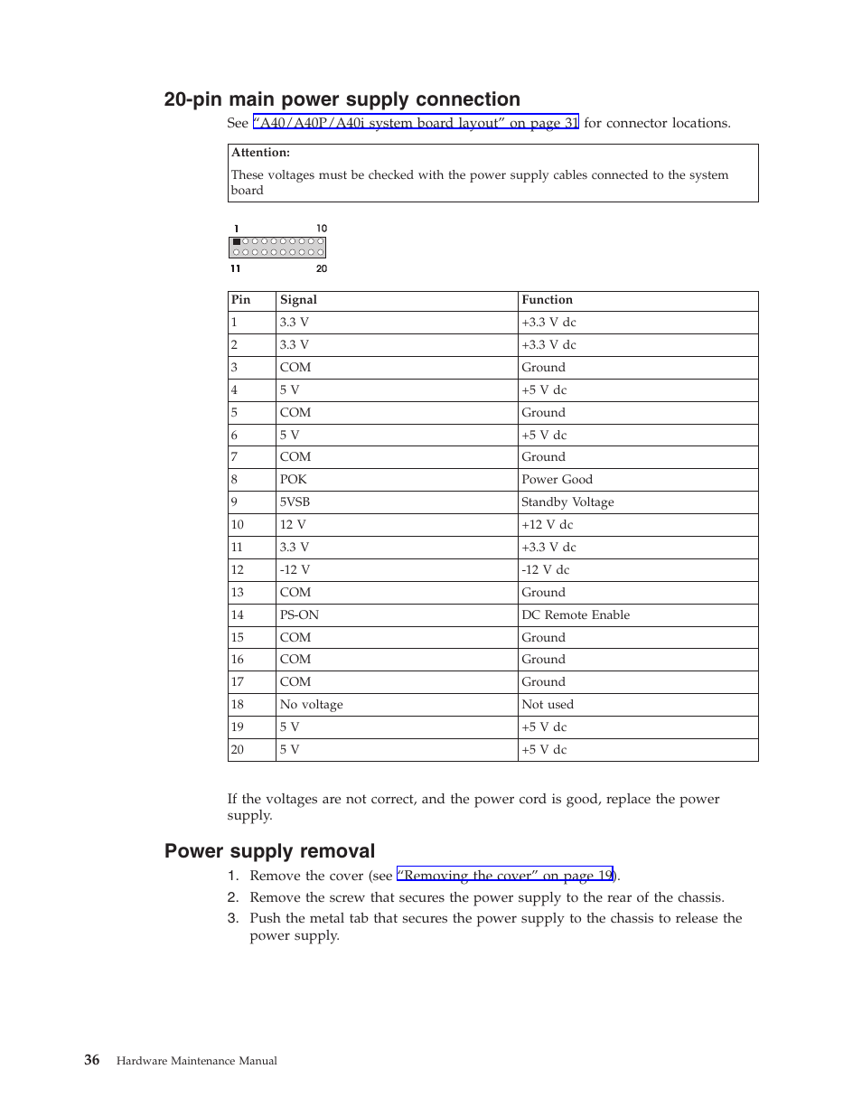 Pin main power supply connection, Power supply removal | IBM NETVISTA 2251 User Manual | Page 44 / 152