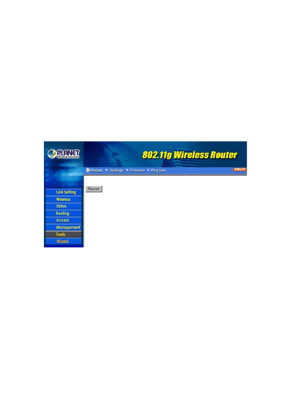 7 tools, 1 restart, 2 settings | IBM 802.11g Wireless Broadband Router WRT-410 User Manual | Page 33 / 69
