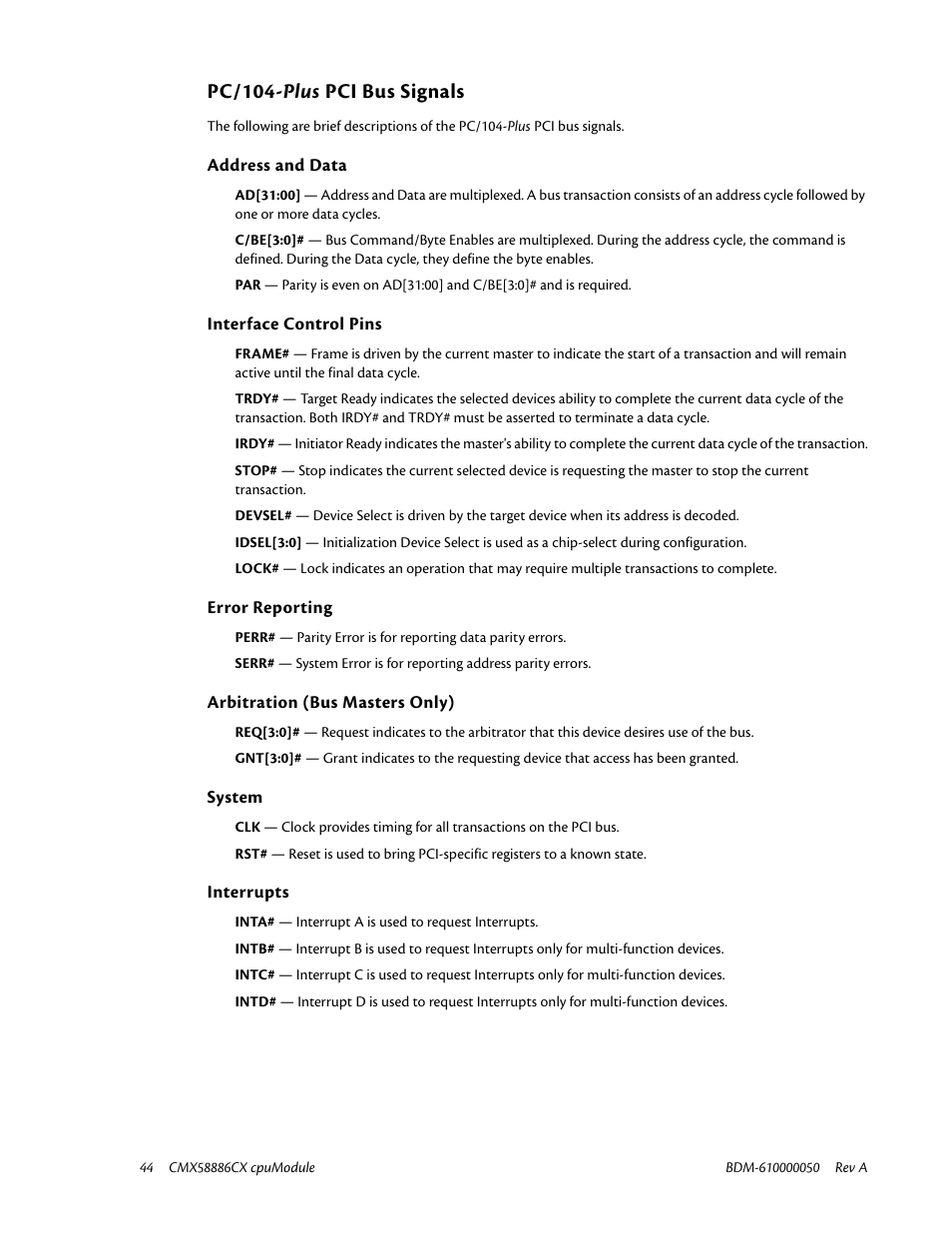 Pc/104-plus pci bus signals, Address and data, Interface control pins | Error reporting, Arbitration (bus masters only), System, Interrupts, Pc/104- plus pci bus signals | IBM CMX58886CX User Manual | Page 52 / 110