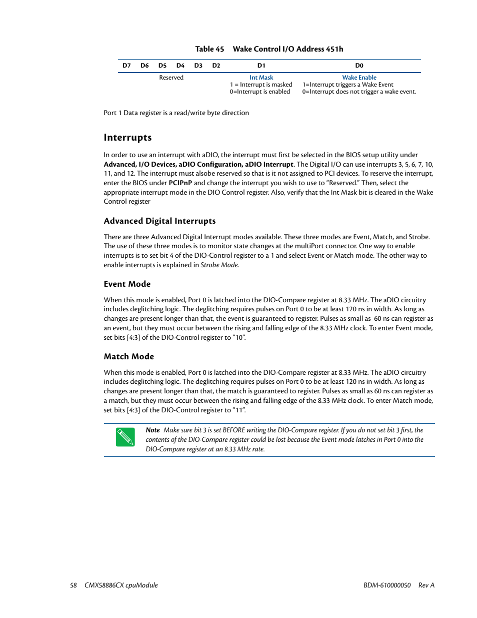 Interrupts, Advanced digital interrupts, Event mode | Match mode | IBM CMX58886CX User Manual | Page 66 / 110