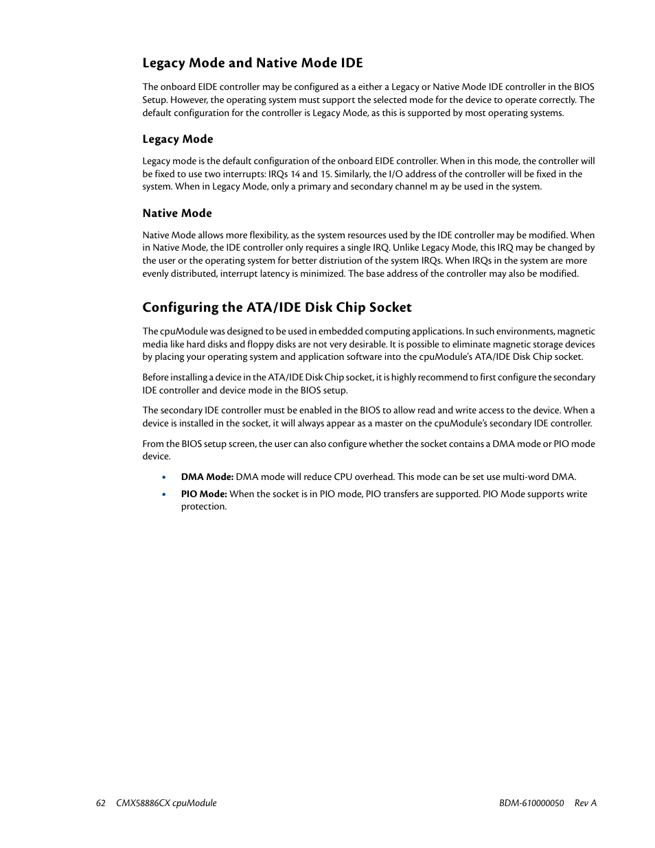 Legacy mode and native mode ide, Legacy mode, Native mode | Configuring the ata/ide disk chip socket | IBM CMX58886CX User Manual | Page 70 / 110