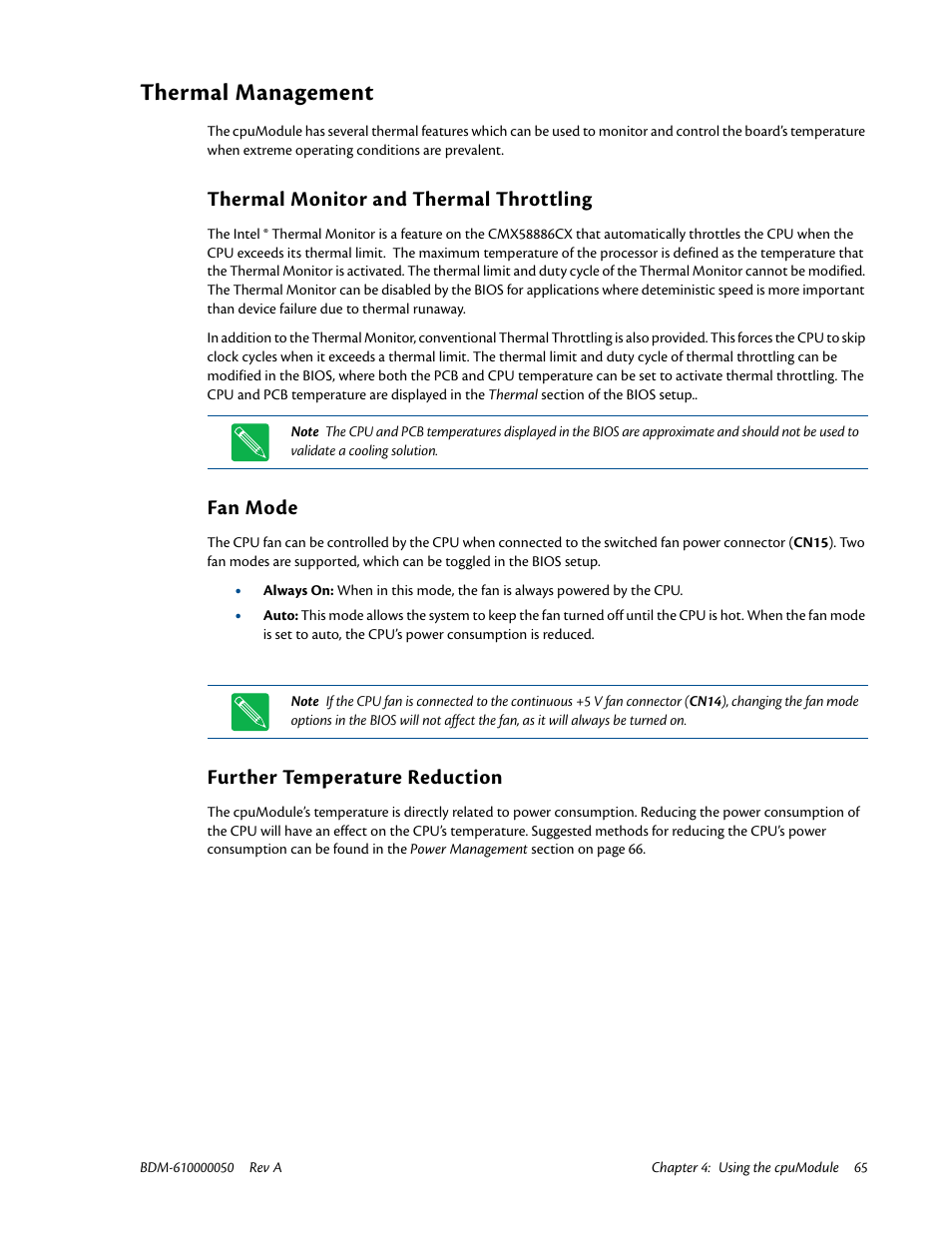 Thermal management, Thermal monitor and thermal throttling, Fan mode | Further temperature reduction | IBM CMX58886CX User Manual | Page 73 / 110