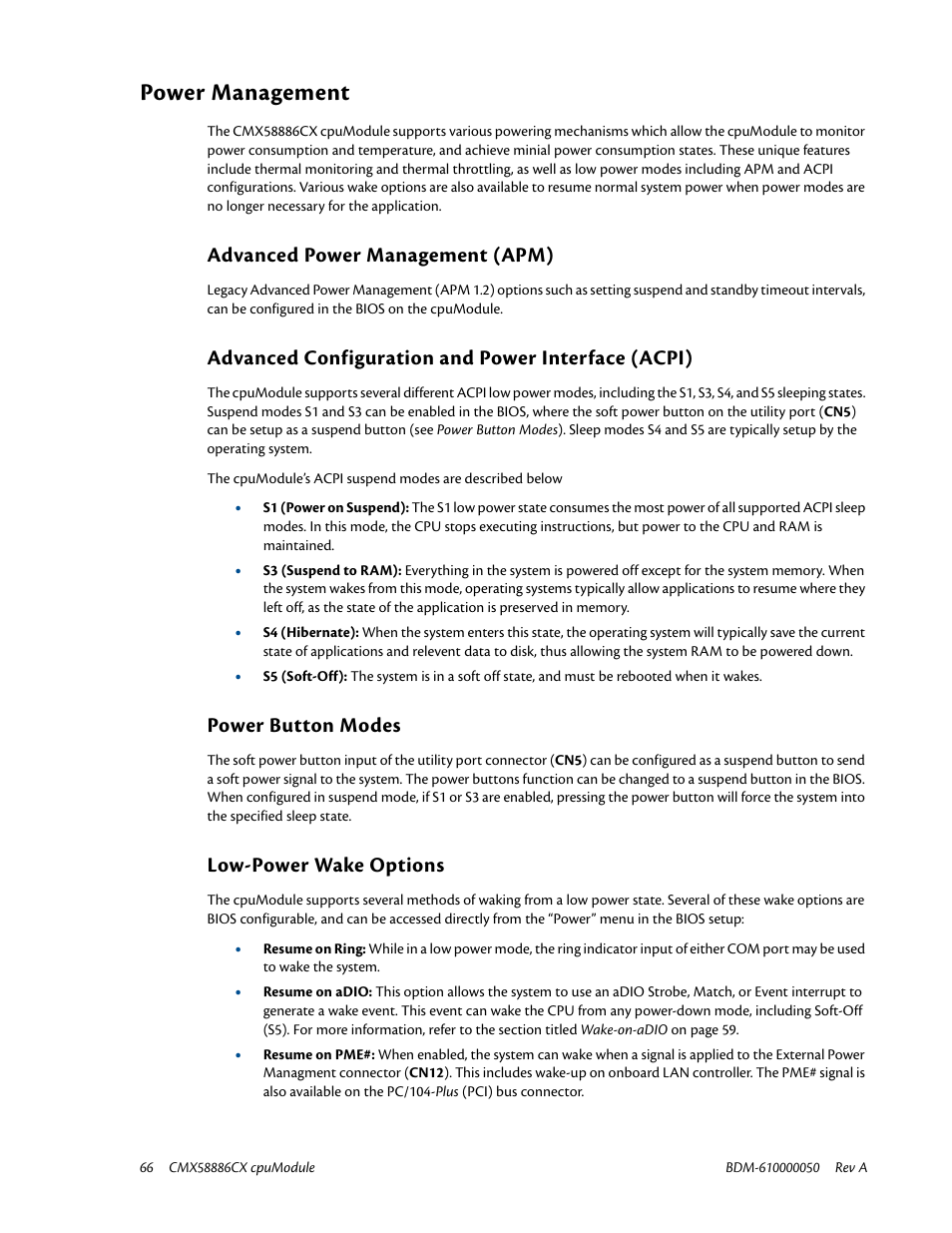 Power management, Advanced power management (apm), Advanced configuration and power interface (acpi) | Power button modes, Low-power wake options, Power management sec | IBM CMX58886CX User Manual | Page 74 / 110