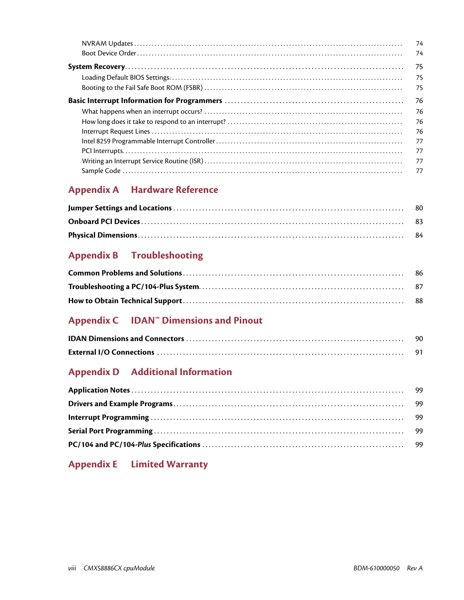 Appendix a hardware reference, Appendix b troubleshooting, Appendix c idan™ dimensions and pinout | Appendix d additional information, Appendix e limited warranty | IBM CMX58886CX User Manual | Page 8 / 110