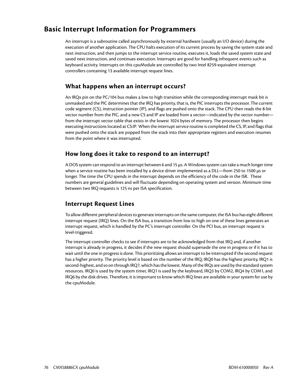 Basic interrupt information for programmers, What happens when an interrupt occurs, How long does it take to respond to an interrupt | Interrupt request lines | IBM CMX58886CX User Manual | Page 84 / 110