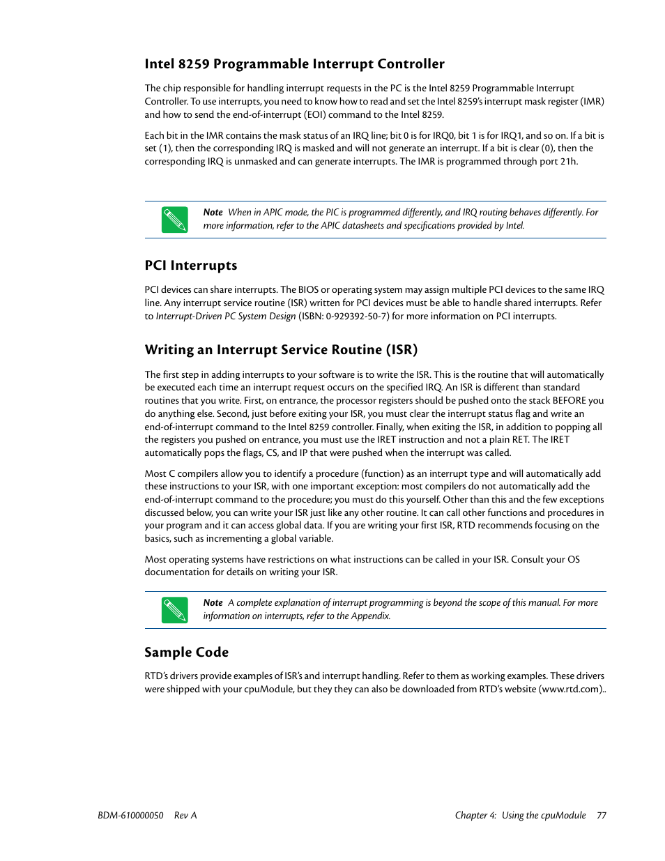 Intel 8259 programmable interrupt controller, Pci interrupts, Writing an interrupt service routine (isr) | Sample code | IBM CMX58886CX User Manual | Page 85 / 110