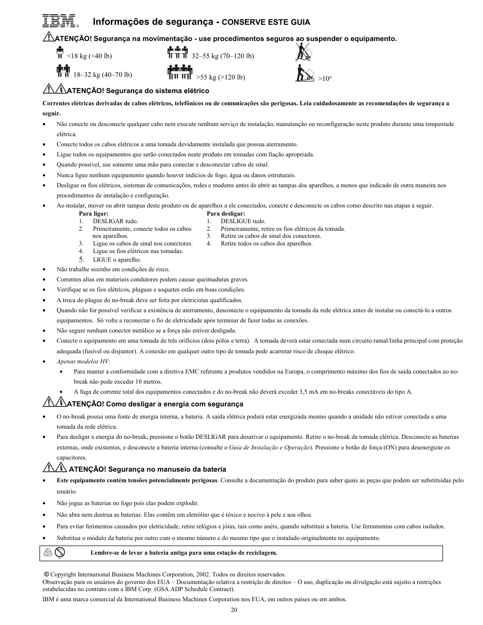 Informações de segurança | IBM UPS750TLV User Manual | Page 24 / 68