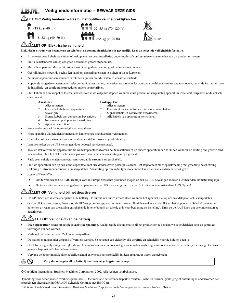 Veiligheidsinformatie | IBM UPS750TLV User Manual | Page 30 / 68