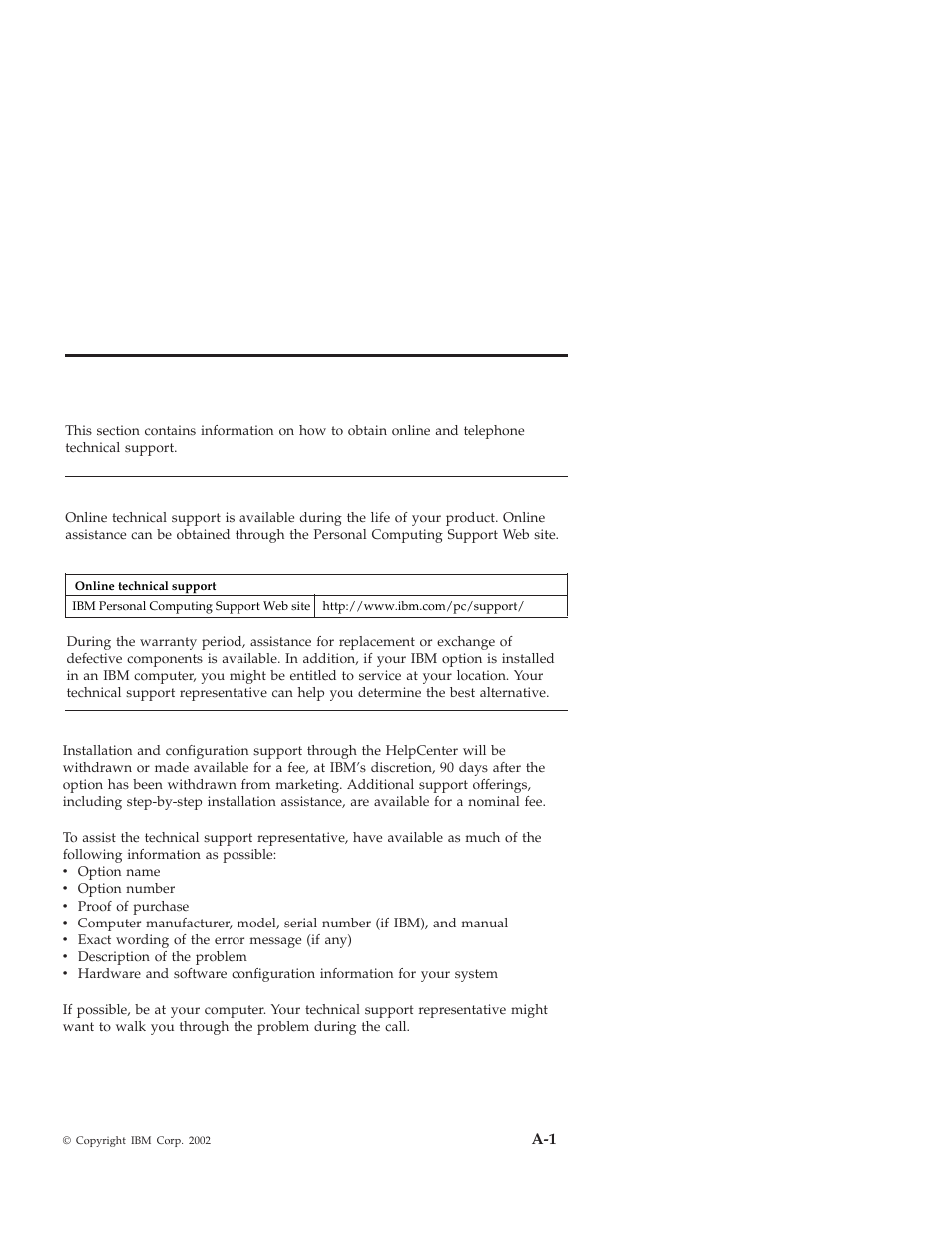 Appendix a. help and service information, Online technical support, Telephone technical support | IBM THINKPAD 72 W DC User Manual | Page 49 / 70