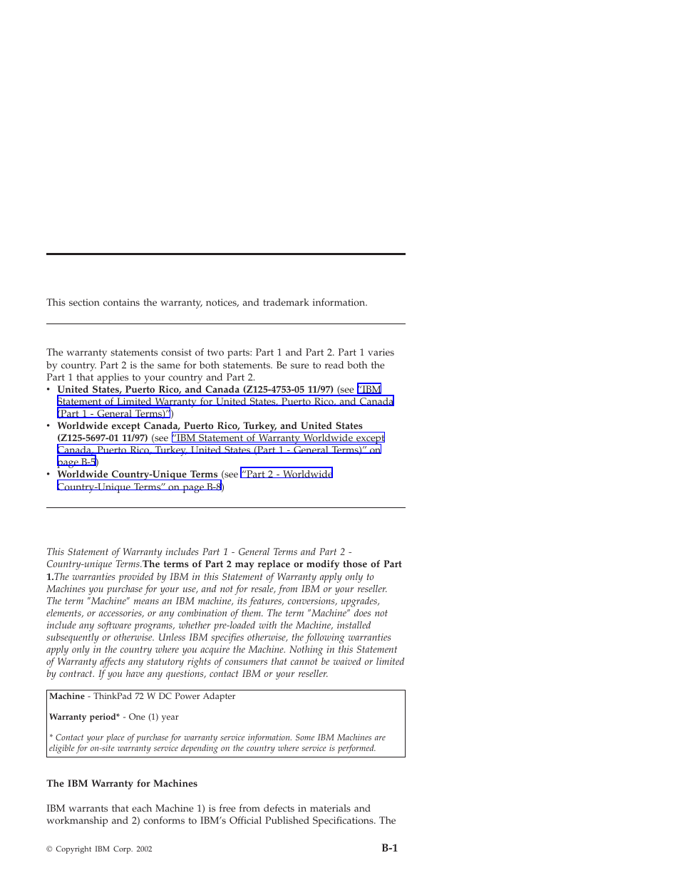 Appendix b. product warranties and notices, Warranty statements | IBM THINKPAD 72 W DC User Manual | Page 51 / 70