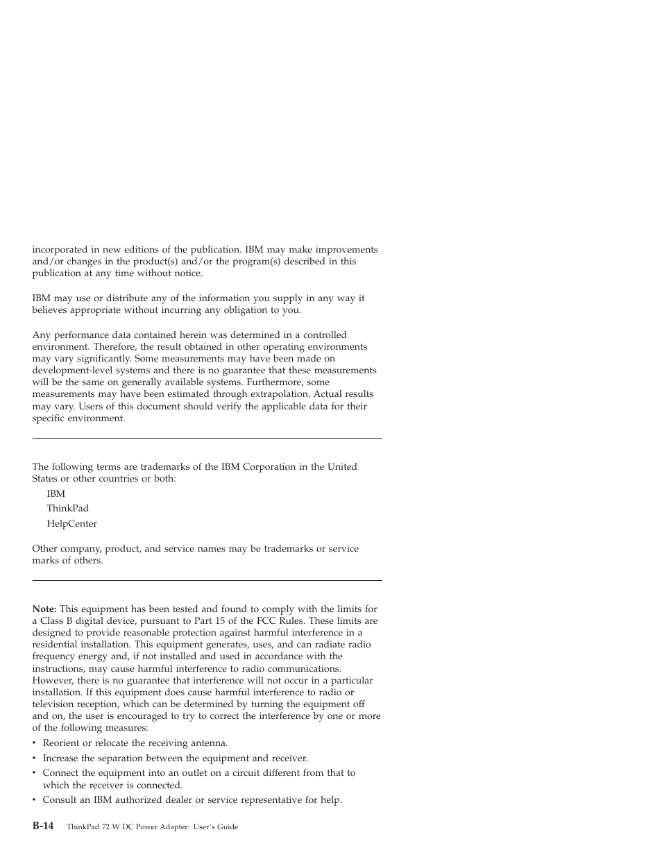 Trademarks, Federal communications commission (fcc) statement | IBM THINKPAD 72 W DC User Manual | Page 64 / 70