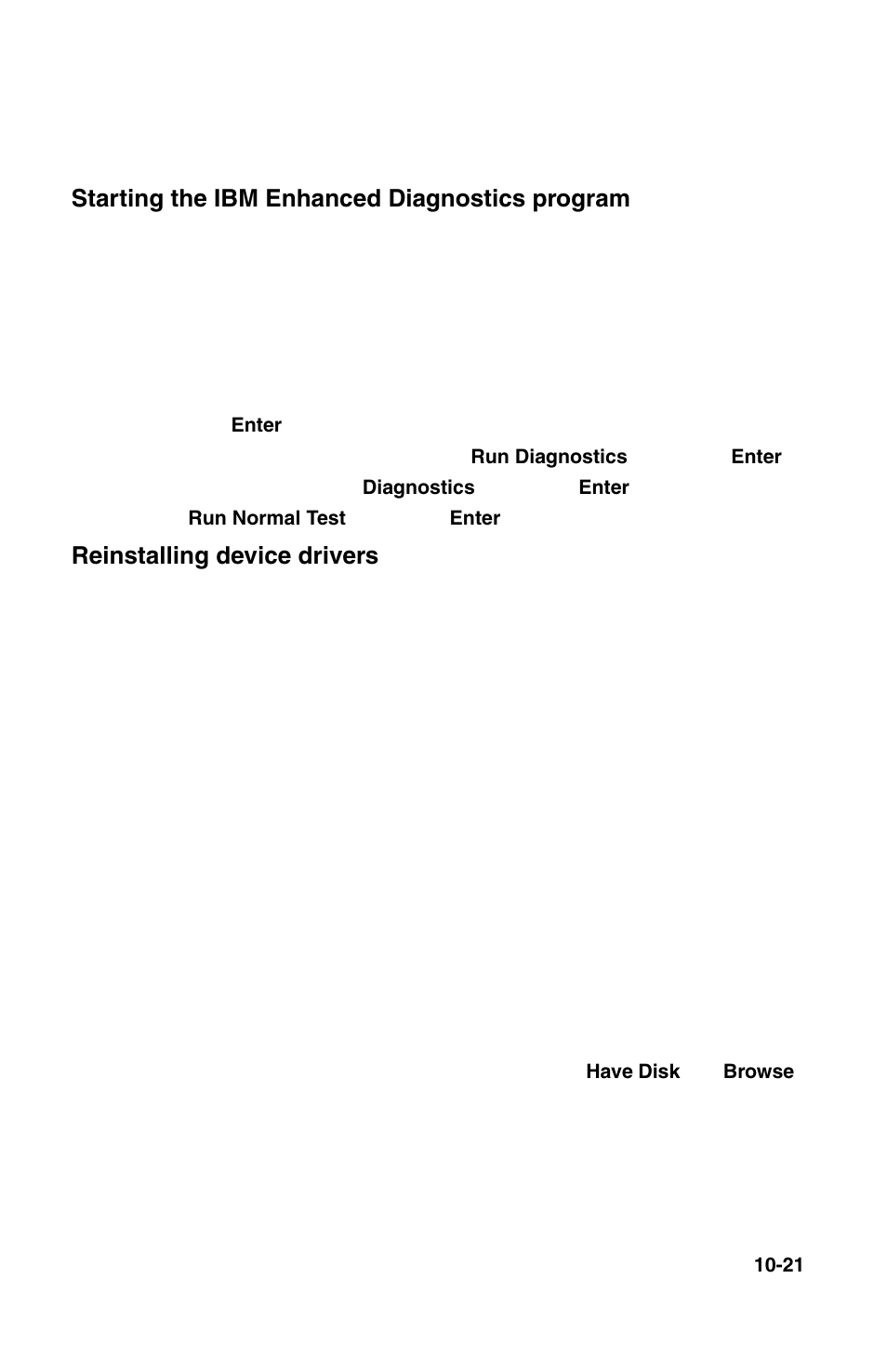 Starting the ibm enhanced diagnostics program, Reinstalling device drivers | IBM 2196 User Manual | Page 150 / 208