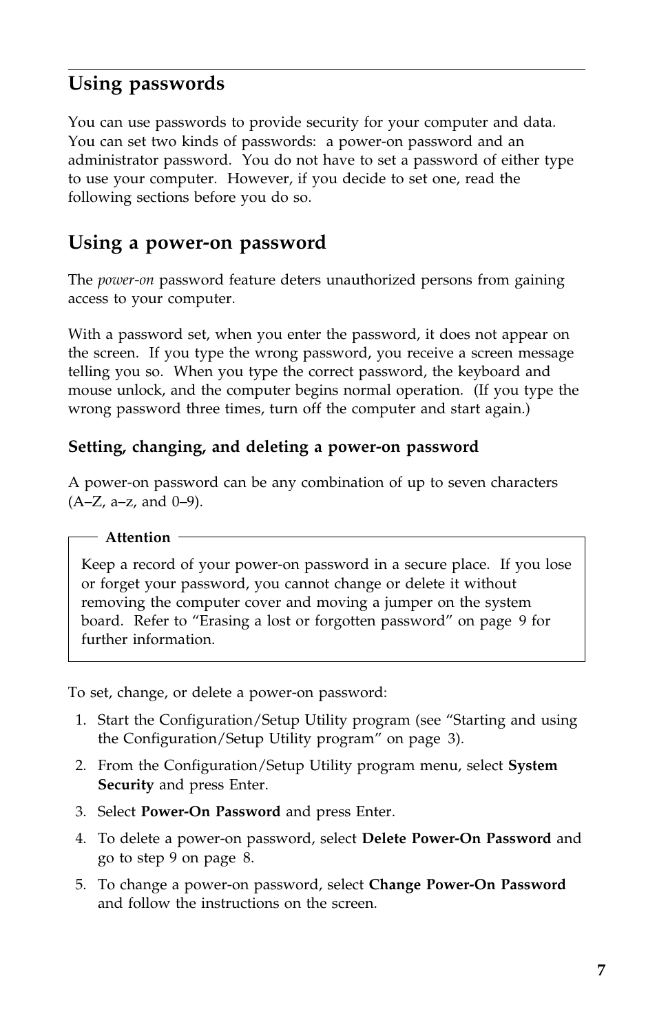 Using passwords, Using a power-on password | IBM 2196 User Manual | Page 195 / 208