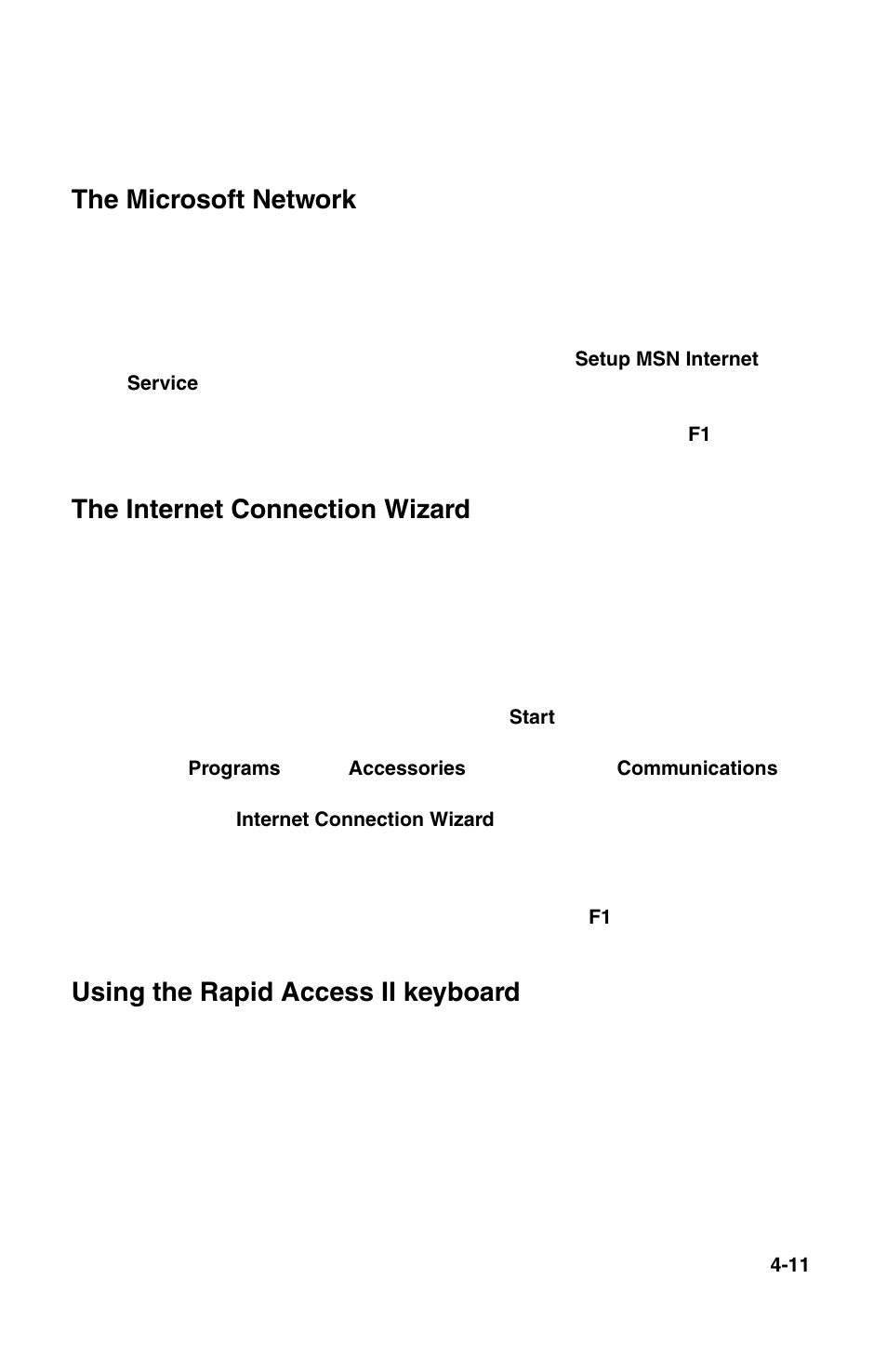 The microsoft network, The internet connection wizard, Using the rapid access ii keyboard | IBM 2196 User Manual | Page 64 / 208