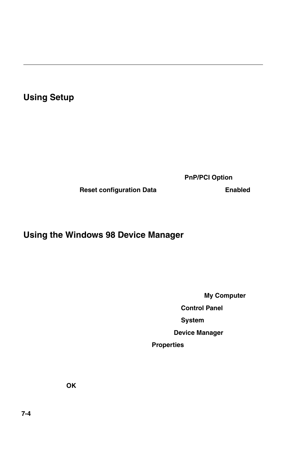 Resolving resource conflicts, Using setup, Using the windows 98 device manager | IBM 2196 User Manual | Page 96 / 208