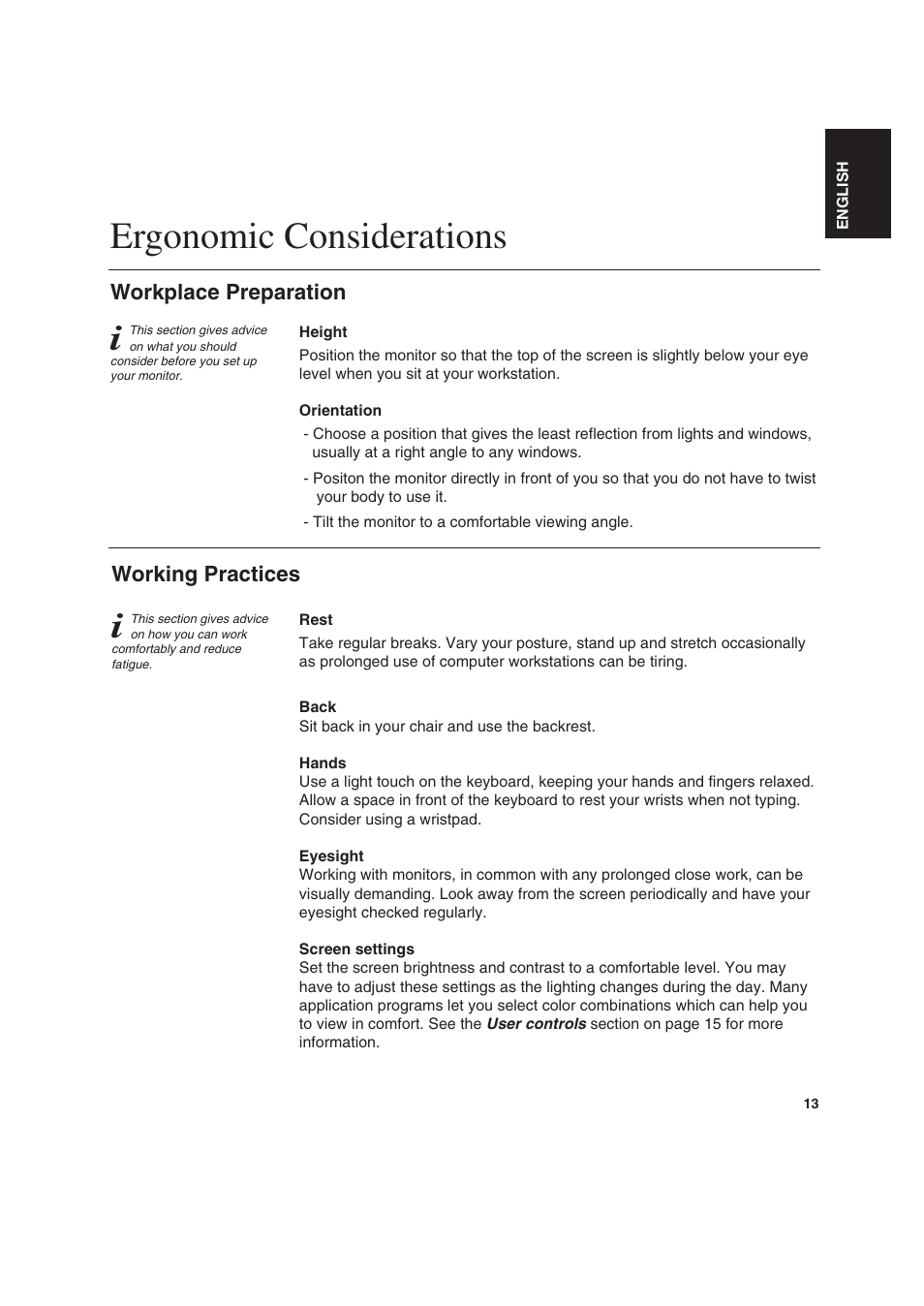 Ergonomic considerations, Working practices, Workplace preparation | IBM T 541 User Manual | Page 15 / 26