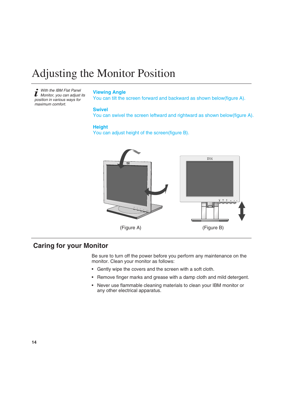 Adjusting the monitor position, Caring for your monitor | IBM T 541 User Manual | Page 16 / 26