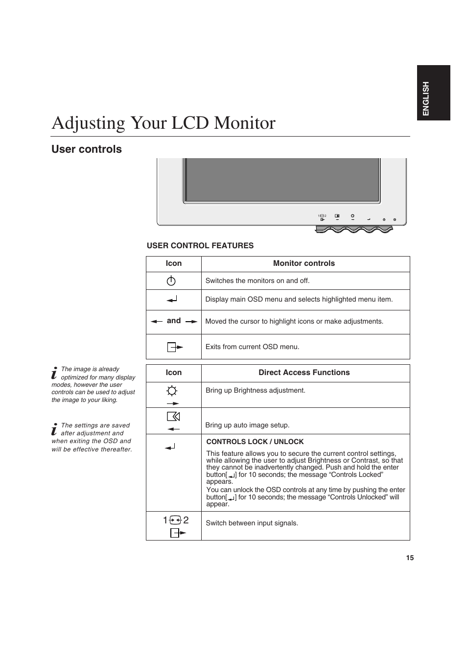 Adjusting your lcd monitor, User controls | IBM T 541 User Manual | Page 17 / 26