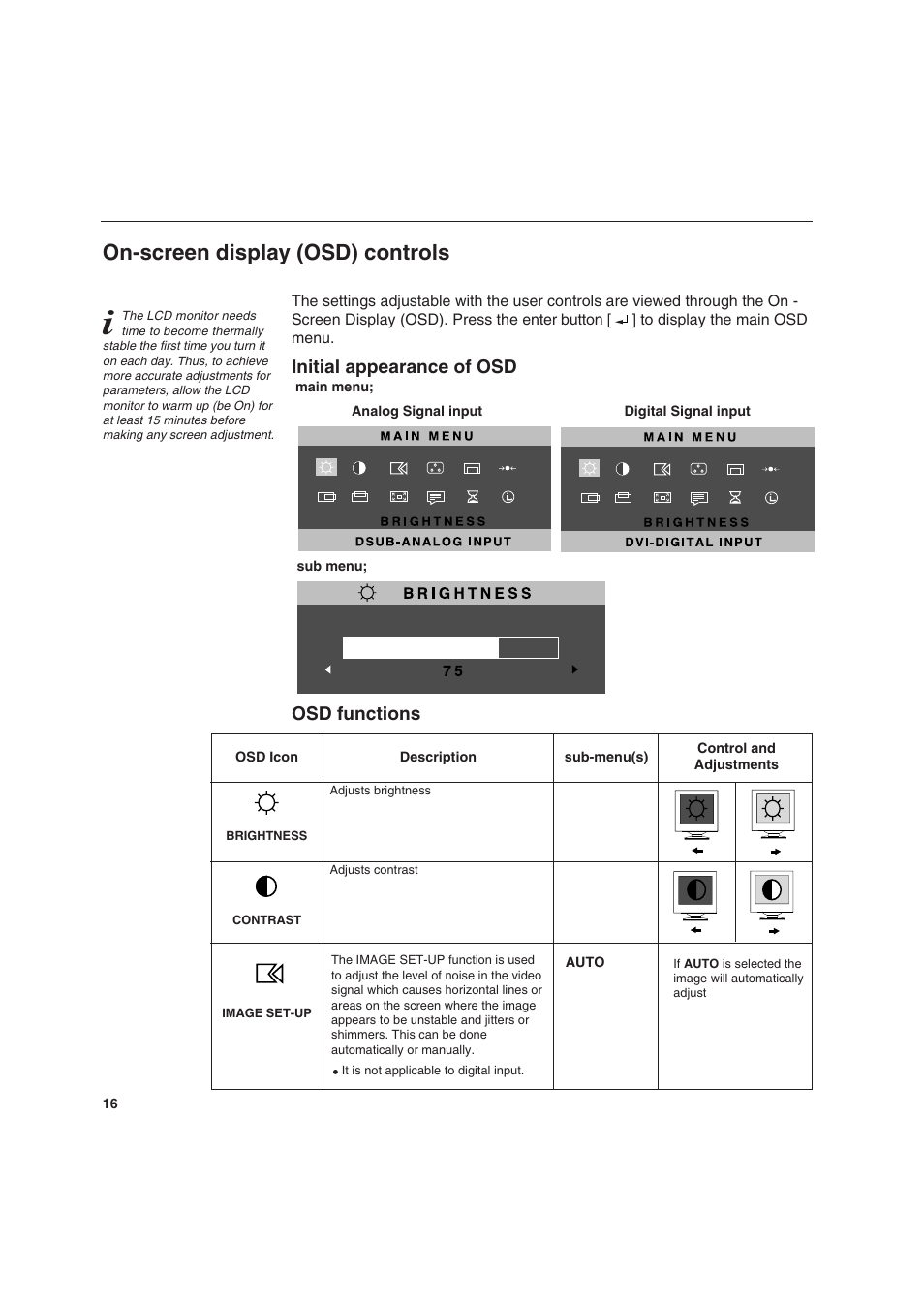On-screen display (osd) controls, Initial appearance of osd, Osd functions | IBM T 541 User Manual | Page 18 / 26
