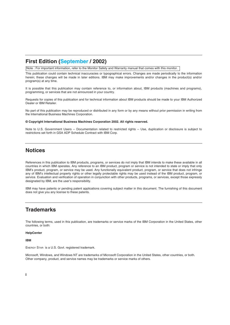 First edition ( september / 2002), Notices, Trademarks | IBM T 541 User Manual | Page 2 / 26