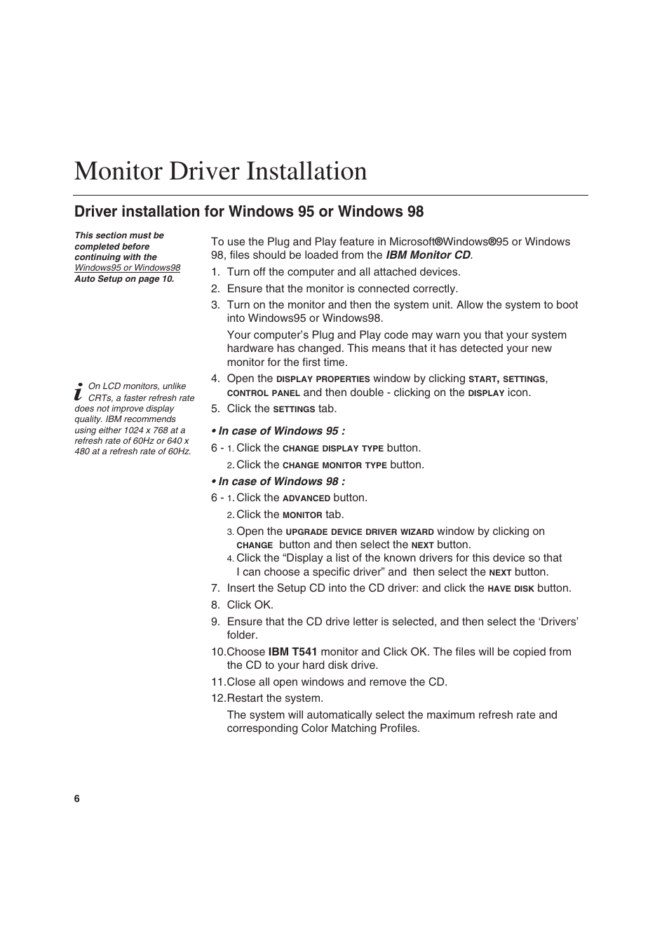 Monitor driver installation, Driver installation for windows 95 or windows 98 | IBM T 541 User Manual | Page 8 / 26