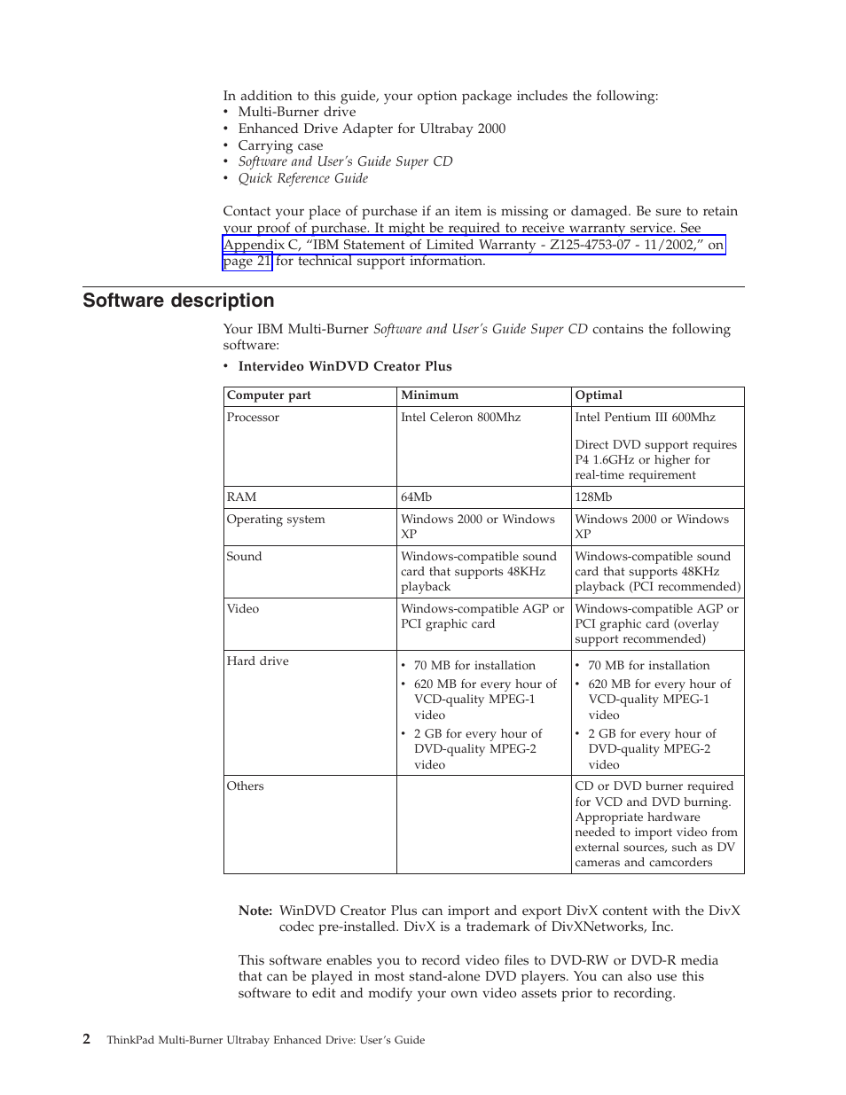 Software description, Software, Description | IBM ThinkPad 73P3279 User Manual | Page 10 / 54