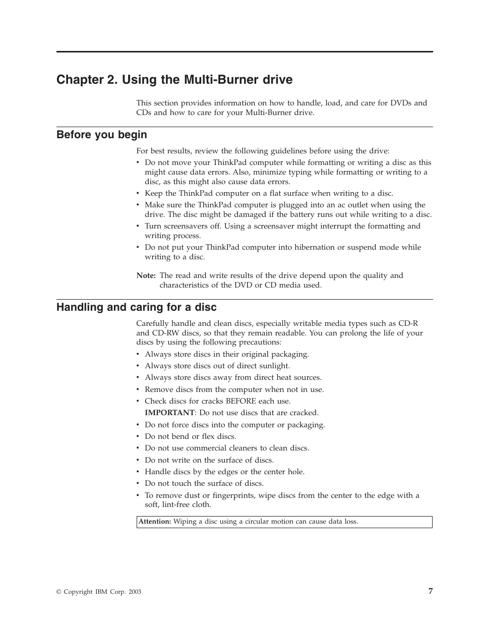 Chapter 2. using the multi-burner drive, Before you begin, Handling and caring for a disc | Chapter, Using, Multi-burner, Drive, Before, Begin, Handling | IBM ThinkPad 73P3279 User Manual | Page 15 / 54