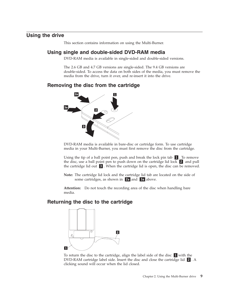 Using the drive, Using single and double-sided dvd-ram media, Removing the disc from the cartridge | Returning the disc to the cartridge, Using, Drive, Single, Double-sided, Dvd-ram, Media | IBM ThinkPad 73P3279 User Manual | Page 17 / 54