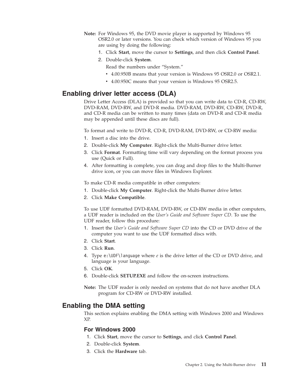Enabling driver letter access (dla), Enabling the dma setting, For windows 2000 | Enabling, Driver, Letter, Access, Dla), Setting | IBM ThinkPad 73P3279 User Manual | Page 19 / 54