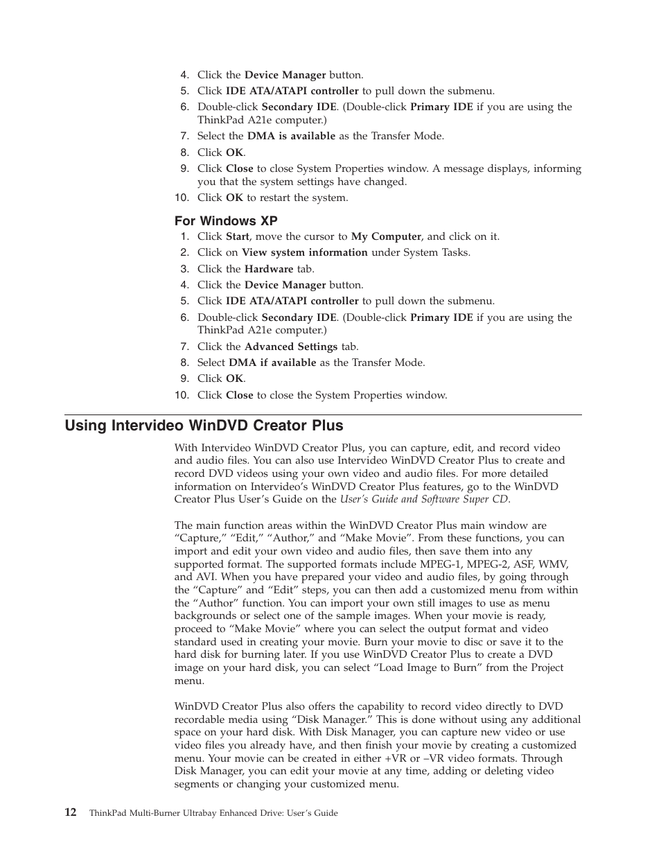 For windows xp, Using intervideo windvd creator plus, Using | Intervideo, Windvd, Creator, Plus, Windows | IBM ThinkPad 73P3279 User Manual | Page 20 / 54