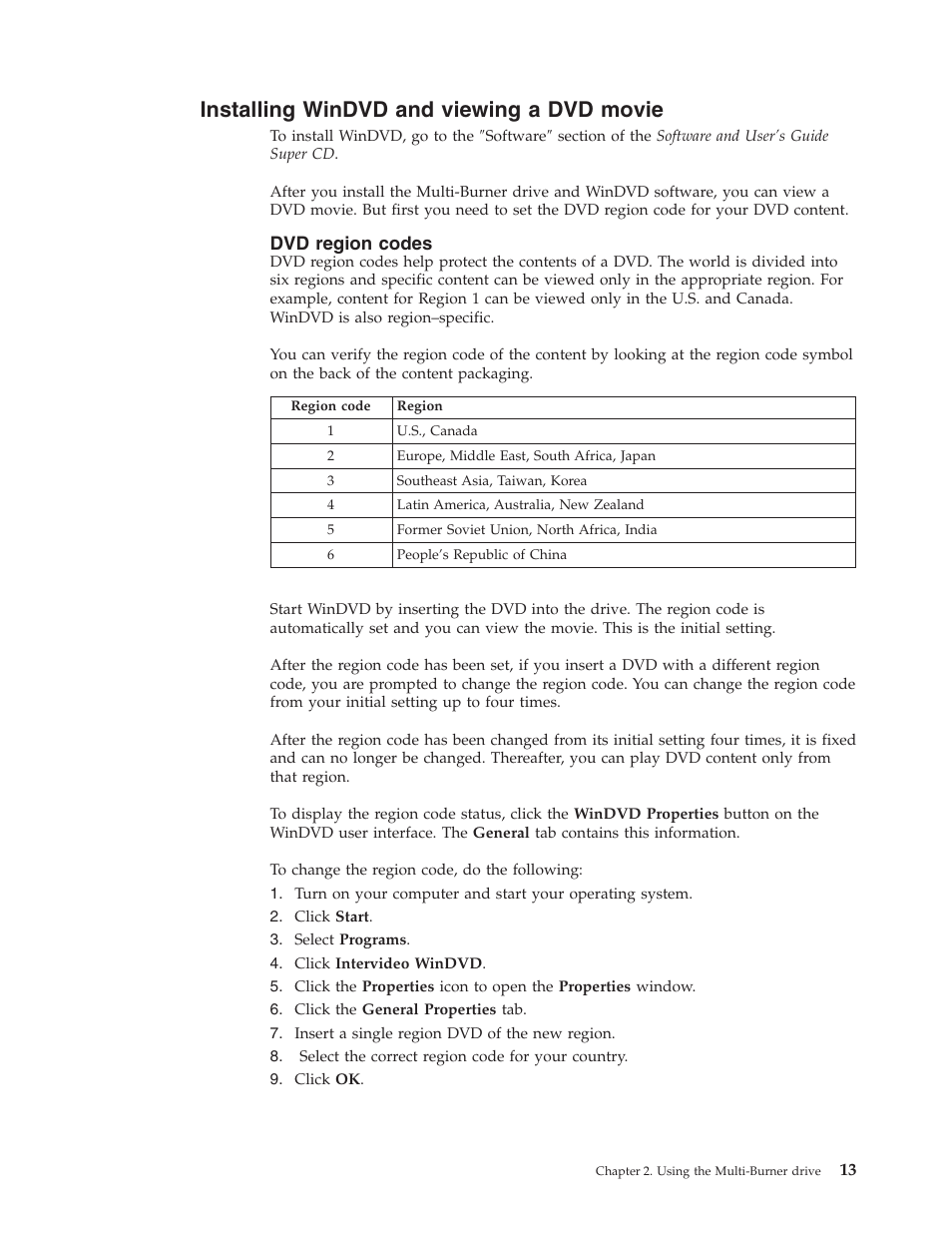 Installing windvd and viewing a dvd movie, Dvd region codes, Installing | Windvd, Viewing, Movie, Region, Codes | IBM ThinkPad 73P3279 User Manual | Page 21 / 54